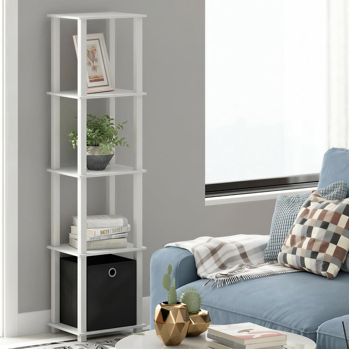 Turn-N-Tube Book Shelf, 5-Tier Square Open Frame Display Shelf, Corner Storage Shelves with Storage Bin, Shelving Unit, for Organization, Living Room, Garage, Home Office, White