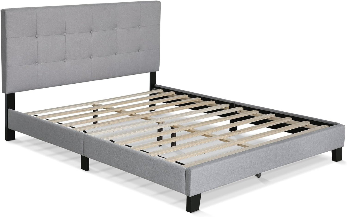 Laval Bed Frame, Twin Size Bedframe with Button Tufted Headboard, Upholstered Bed with Legs, 12pcs Wooden Slat Support, Easy Assembly, for Bedroom, Dorm, Light Grey