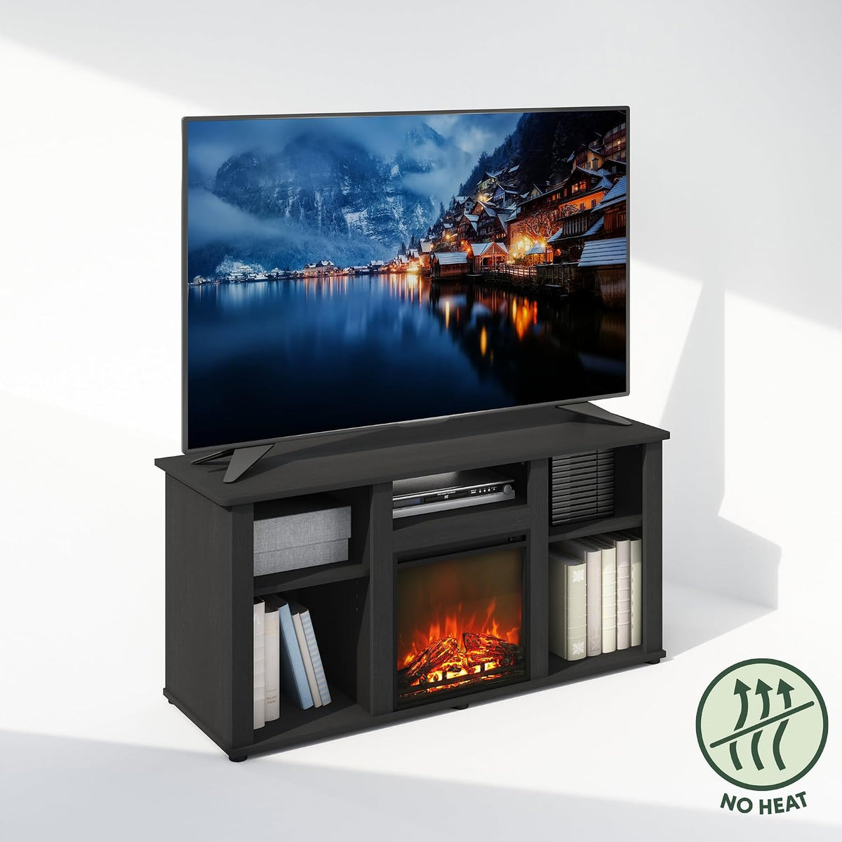 Jensen Fireplace TV Stand, NO Heat Decorative Electric Fireplace Corner TV Stand for TV up to 55 Inch, with 5 Open Shelves, for Living Room, Americano