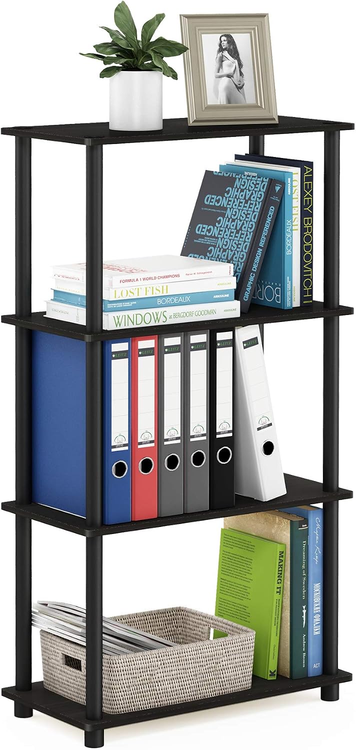 Turn-N-Tube Toolless Assembly Storage Shelves, 4-Tier Black Book Shelf, Open Storage Bookshelf, for Organization and Storage, Living Room, Home Office, Bedroom, Black Espresso