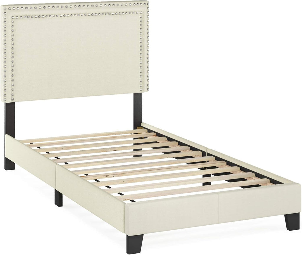 Laval Double Row Nail Head 12PC Slat Style Bed Frame, Twin, Linen
