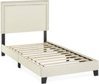 Laval Double Row Nail Head 12PC Slat Style Bed Frame, Twin, Linen