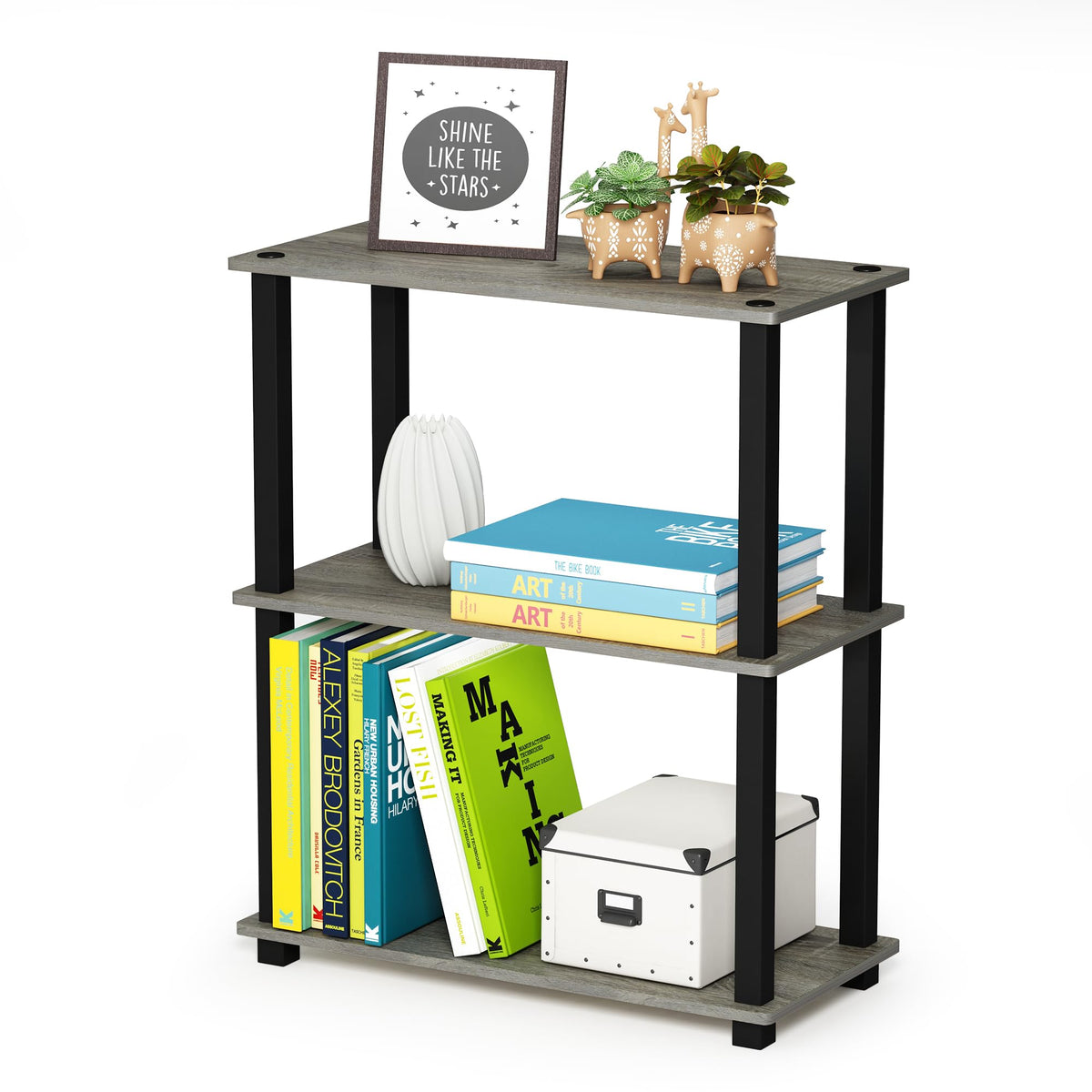 99152BE/WH/IV 3-Tier Go Green Multipurpose Storage Rack Shelving Unit Bookshelf Cabinet with 2 Bins, Beech Finish