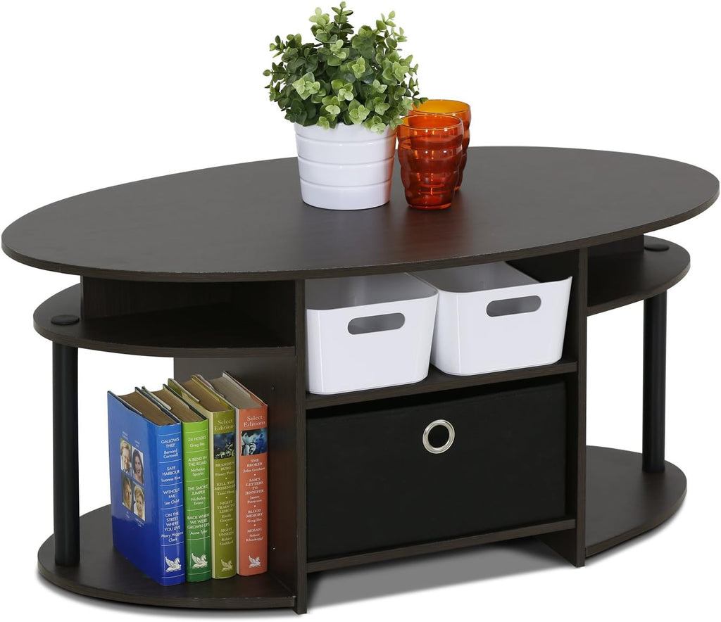 Jaya Simple Design Oval Coffee Table with Bin for Living Room, Walnut