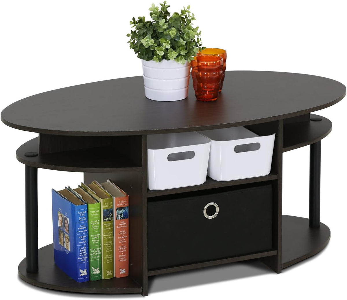 Jaya Simple Design Oval Coffee Table with Bin for Living Room, Walnut