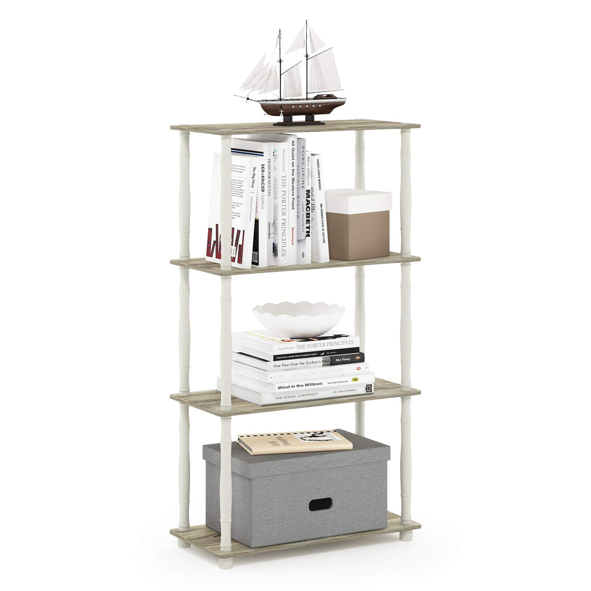 99152BE/WH/IV 3-Tier Go Green Multipurpose Storage Rack Shelving Unit Bookshelf Cabinet with 2 Bins, Beech Finish