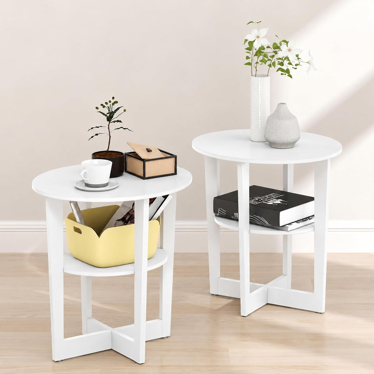 TIDUR Set of 2 2-Tier Oval Night Stand, White