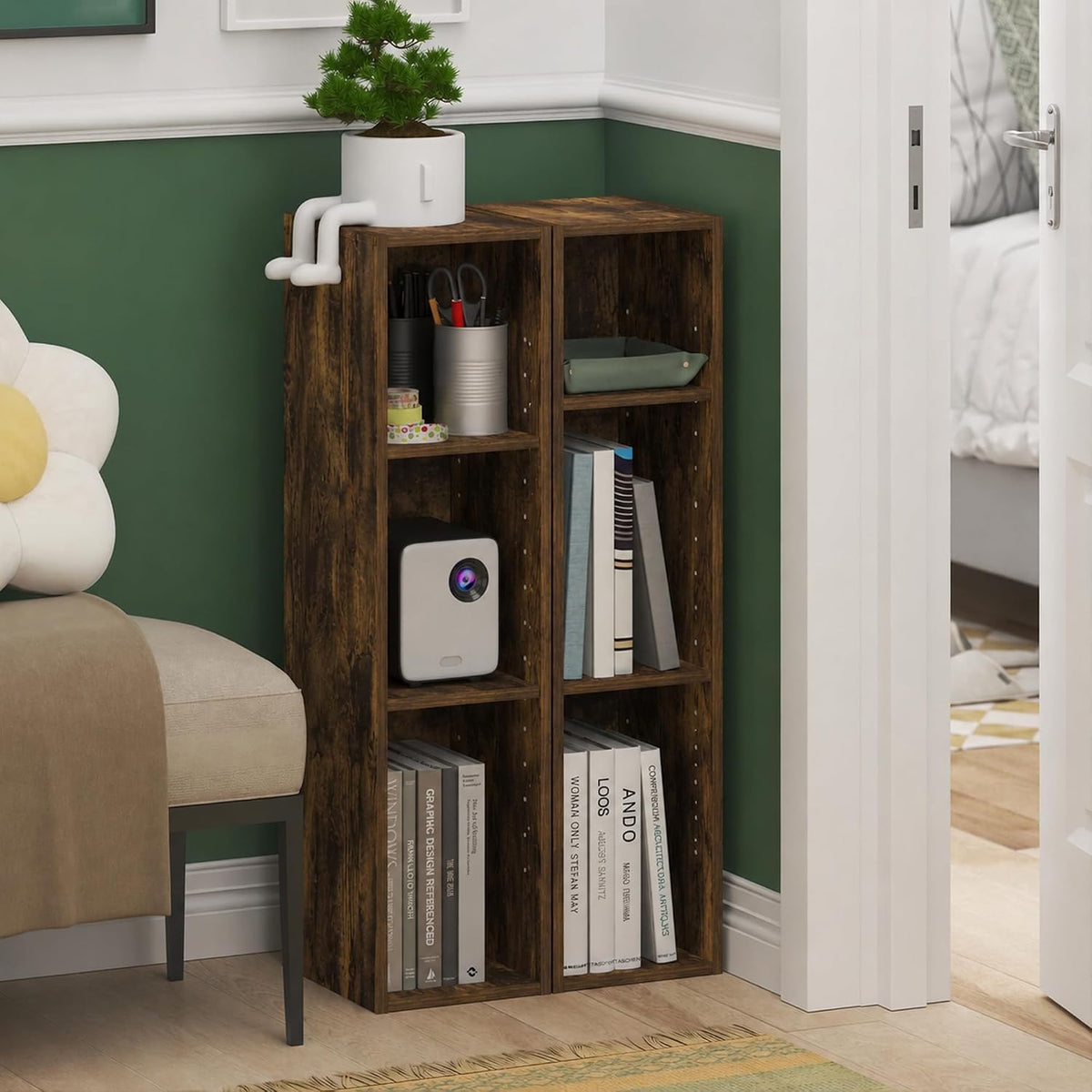 Fulda Book Shelf Set of 2, 3-Tier Narrow Bookshelf, 8"W, Amber Pine