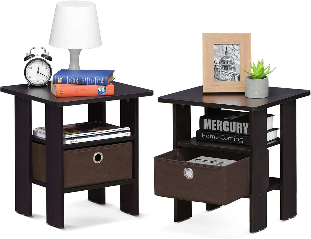 TIDUR Night Stand Set of 2, Nightstand with Storage, Dark Walnut