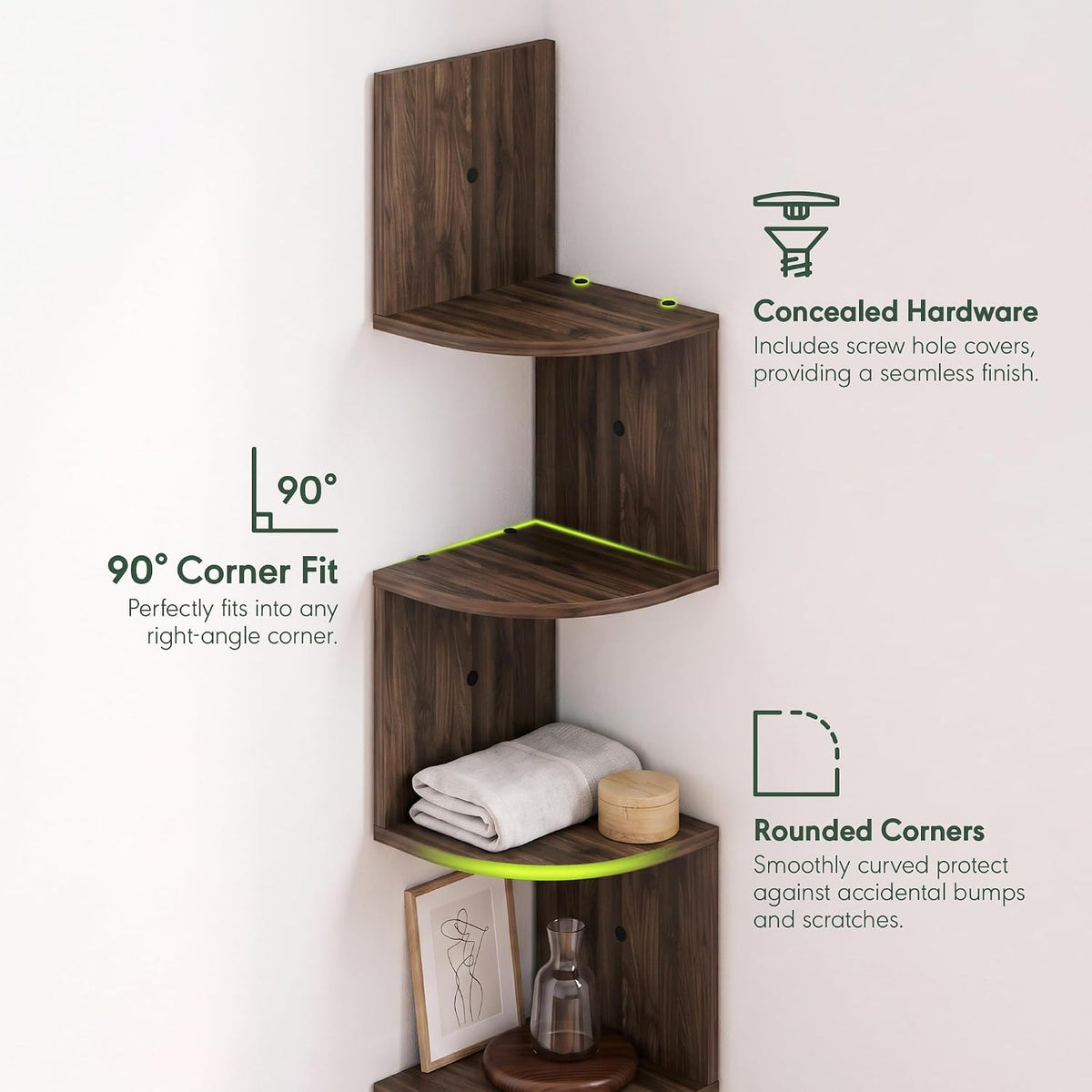 Rossi 5-Tier Floating Corner Shelf for Wall, Corner Zigzag Shelf Wall Mounted, Radial Wall Mount Shelves, for Home Office, Living Room, Bedroom, Bathroom, Columbia Walnut
