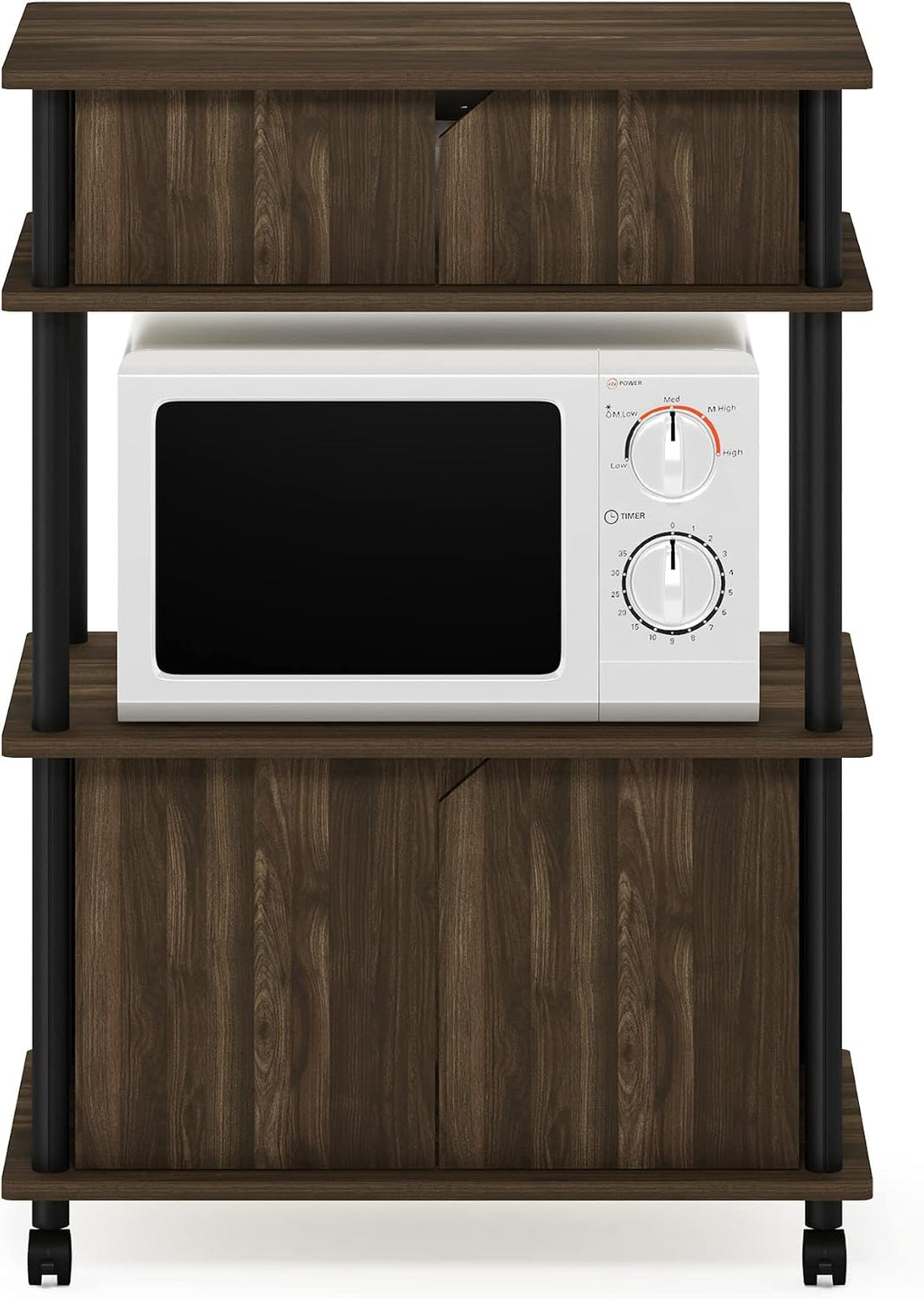 Turn-N-Tube Kitchen Storage Cart with Cabinet and Lockable Wheels, Columbia Walnut/Black