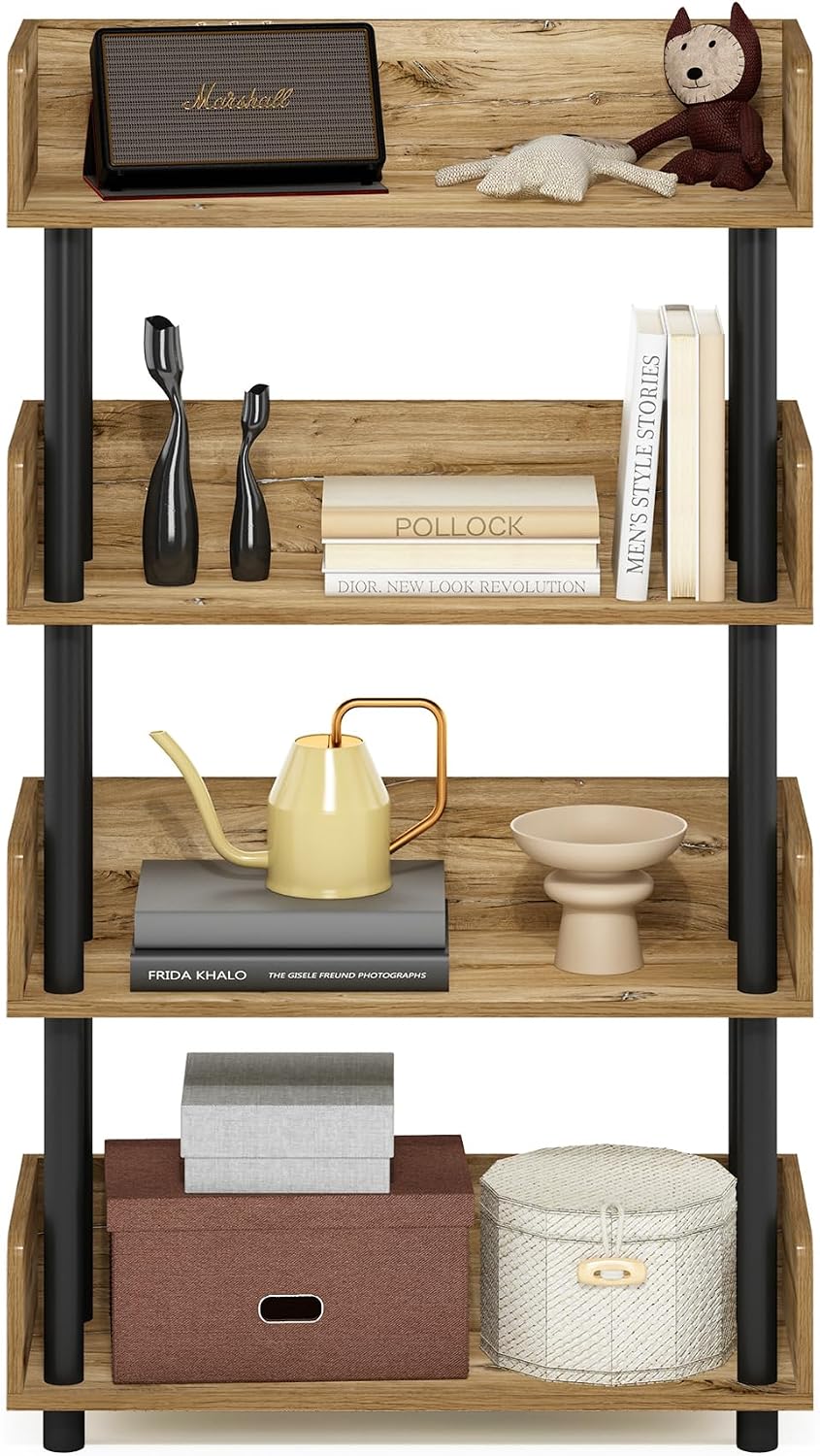 TURN-N-TUBE 4-Tier Display Shelf, Storage Shelves, Book Shelf, Open Shelves with Rounded Corner Top Edges, for Organization and Storage, Living Room, Home Office, Flagstaff Oak