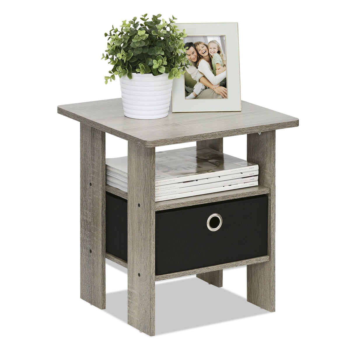 Andrey Set of 2 End Table / Side Table / Night Stand / Bedside Table with Bin Drawer, Dark Brown/Black