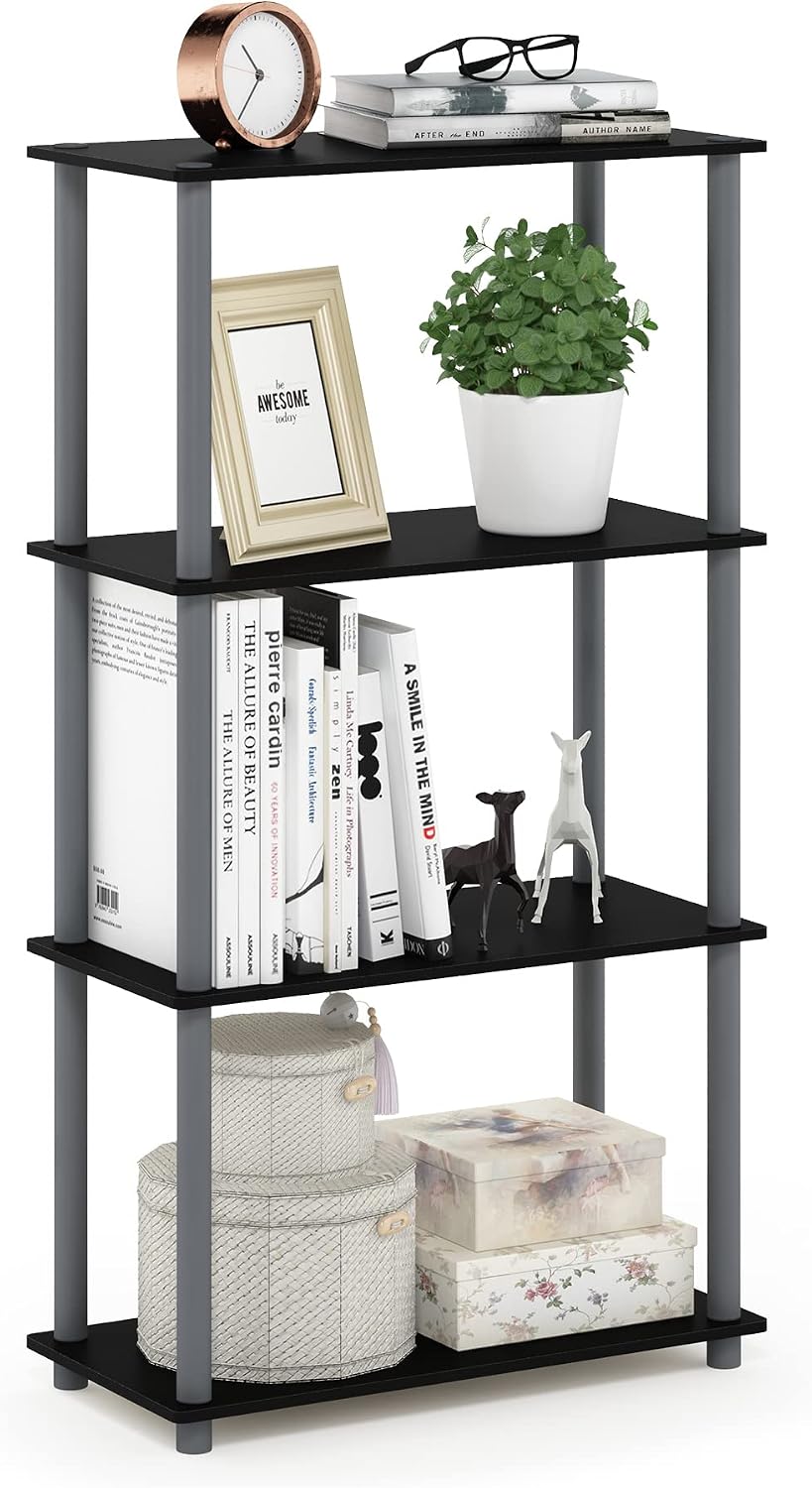 TURN-N-TUBE Storage Shelves, 4-Tier Toolless Book Shelf, Corner Shelf, Toolless Open Shelves, for Organization and Storage, Living Room, Garage, Home Office, Black