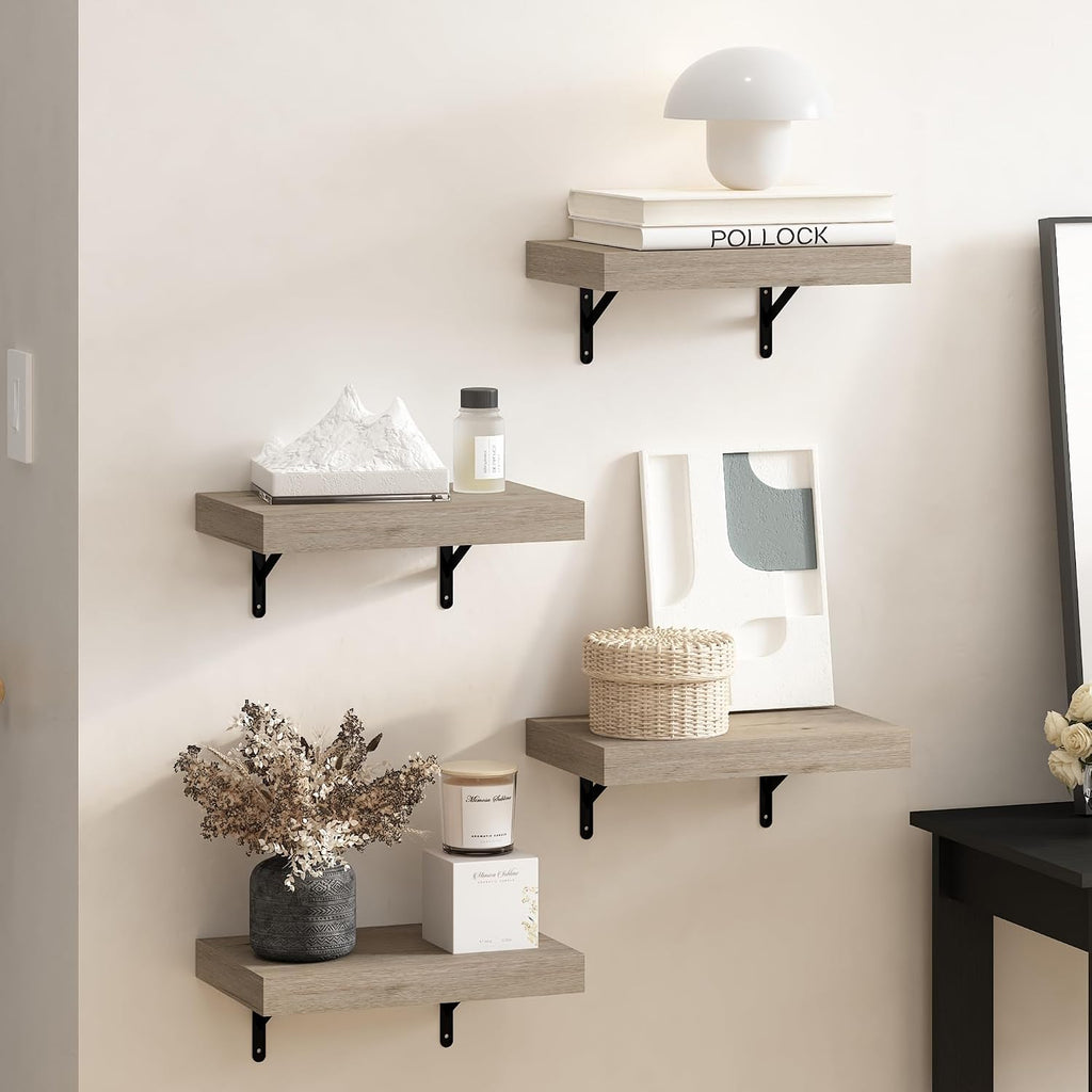 Tanna Floating Shelves for Wall Set of 4, 15-Inch Wall Shelf, Wall Mounted Shelf, for Bathroom, Home Office, Living Room, Natural