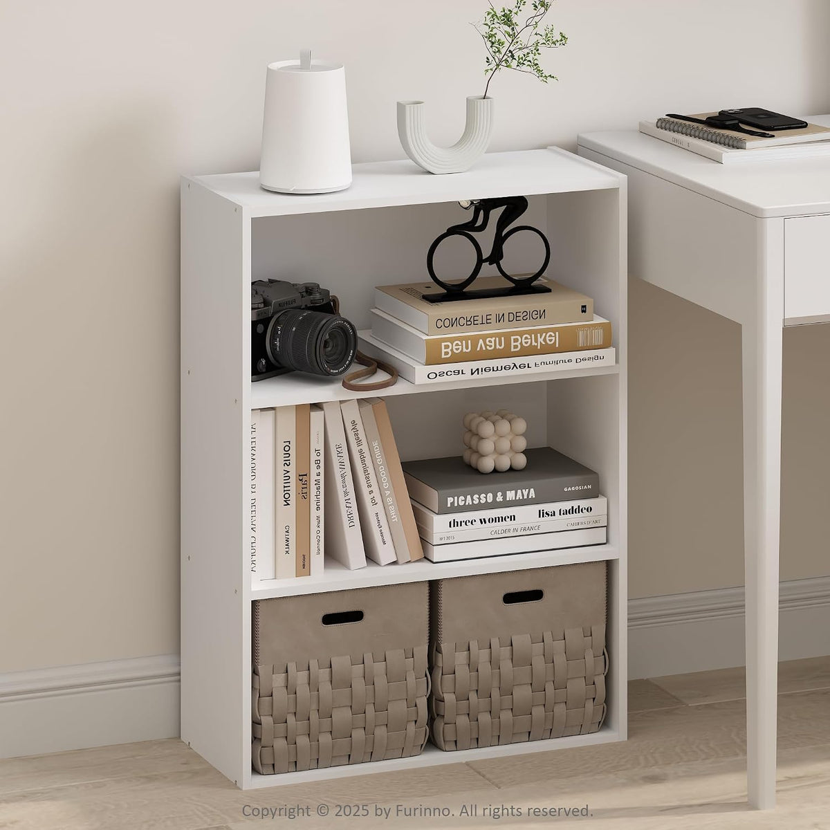 Simple Book Shelf, 3-Tier Bookshelf, Storage Shelves Bookcase, 9.7 x 23.7 x 31.5, for Living Room, Bedroom, Home Office, Plain White