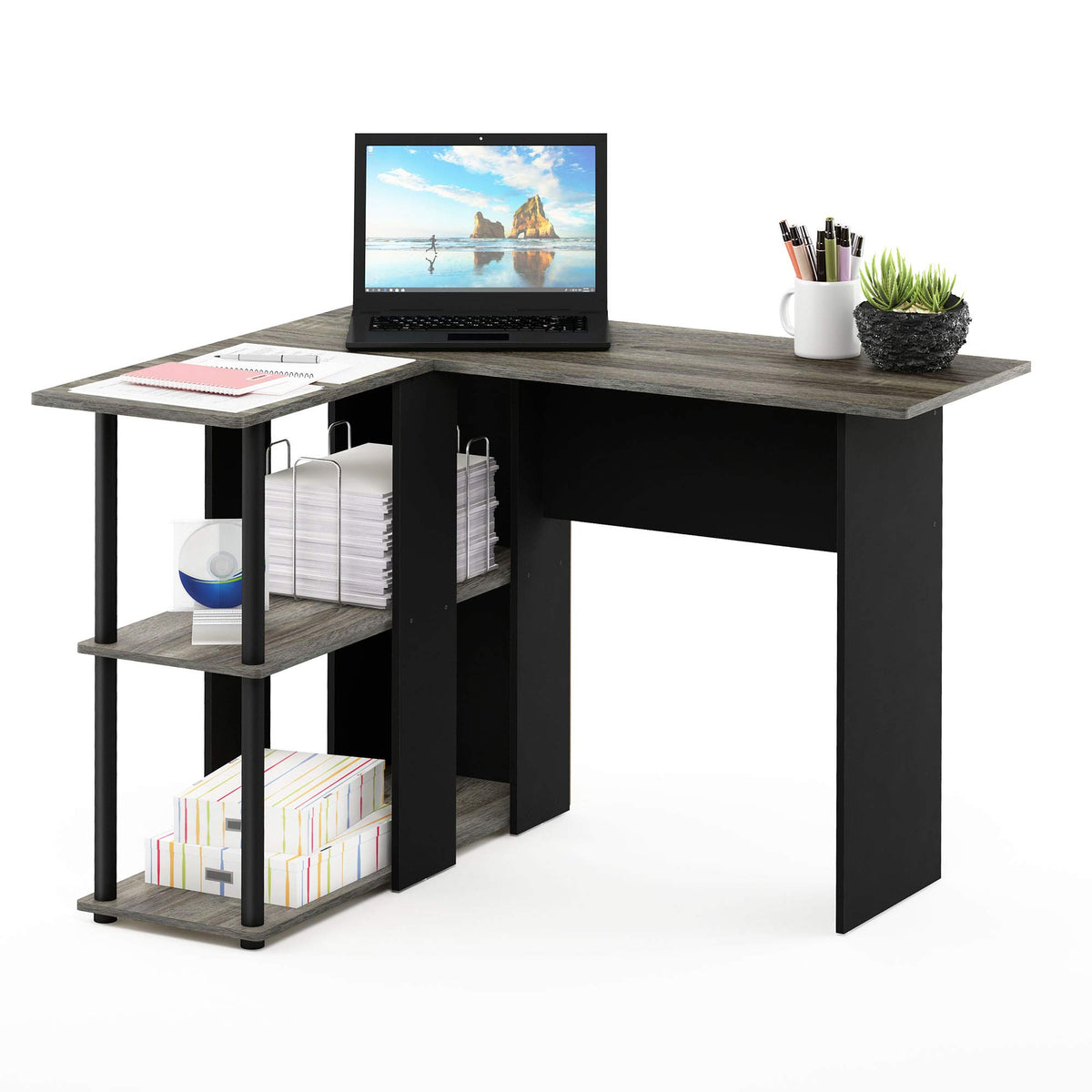 Abbott L-Shape Computer Desk with Bookshelf, French Oak Grey/Black