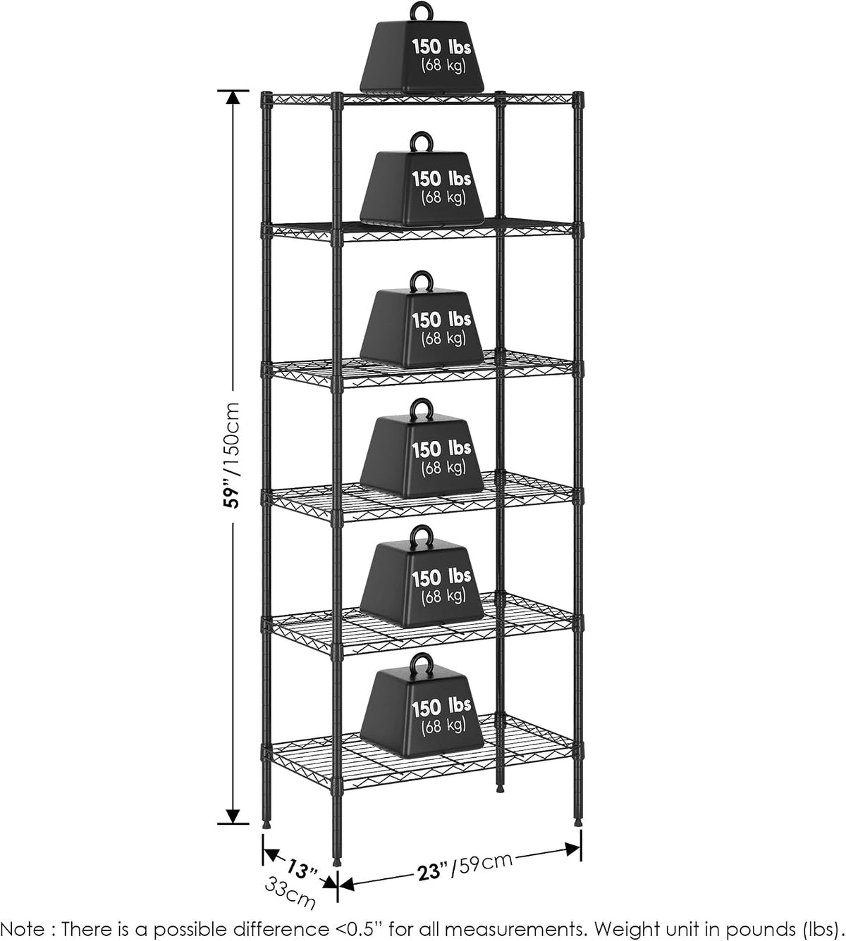 Wayar Metal Storage Shelf Rack, 6-Tier, 23 x 13 x 59, Black