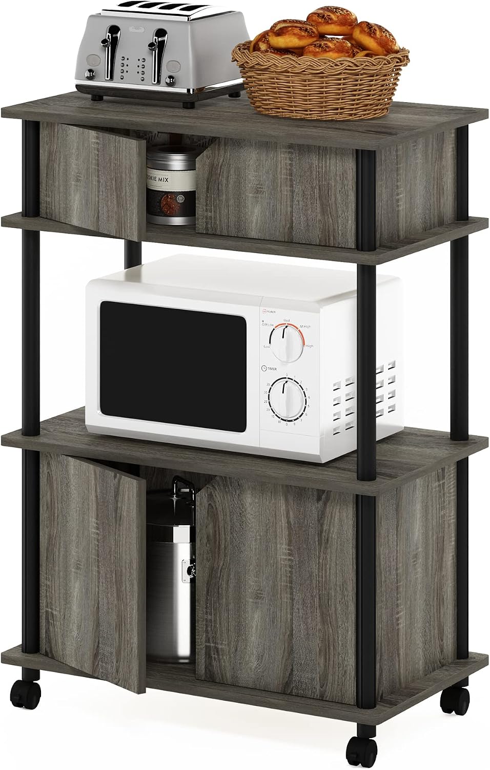Turn-N-Tube Kitchen Storage Cart with Cabinet and Lockable Wheels, French Oak Grey/Black