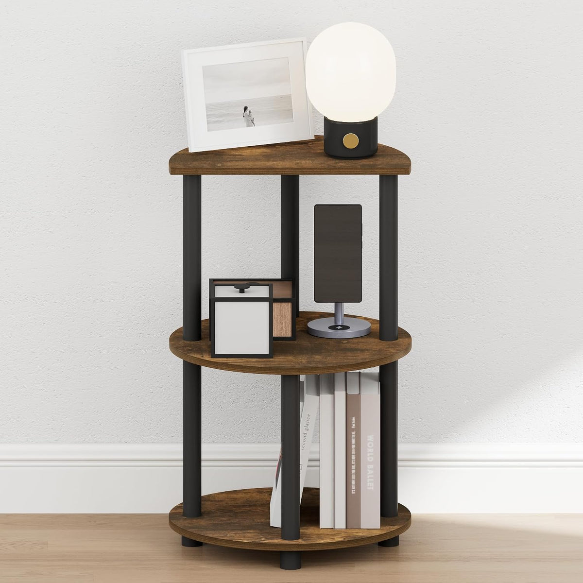 Turn-N-Tube Night Stand, 3-Tier Oval Nightstand, Half Round Top Panel Bedside Table, Side Table, End Table with Open Shelf, for Bedroom, Living Room, Amber Pine