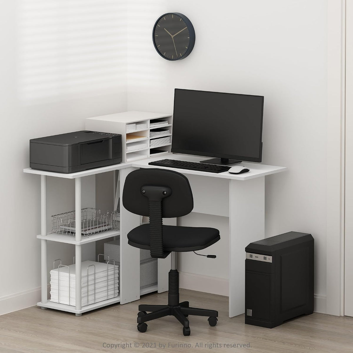 Abbott L-Shape Desk with Bookshelf, 41.14 (W) x 28.94 (H) x 34.45 (D) inches, White/White