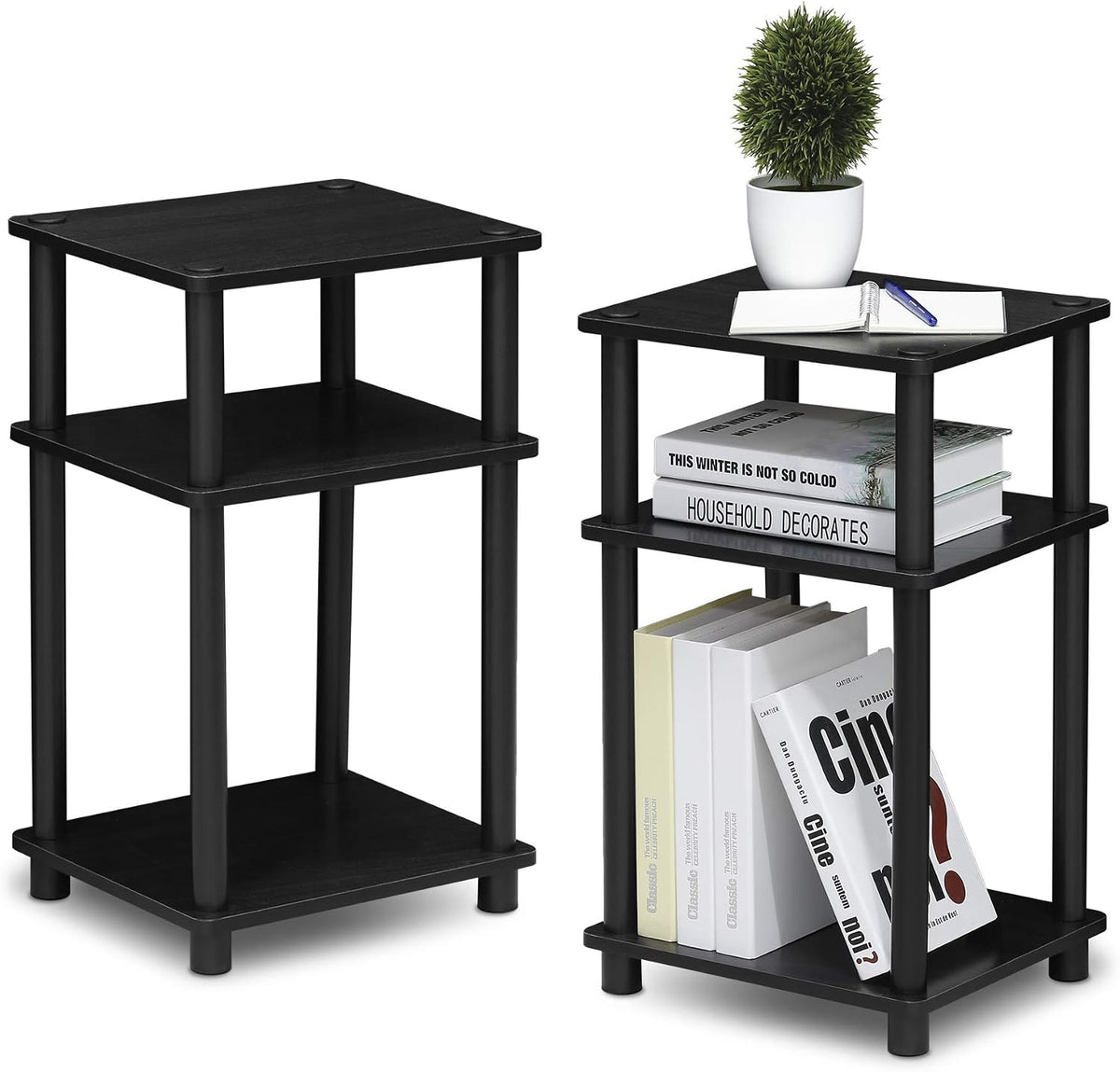 JUST Set of 2 Toolless Assembly 3-Tier Side Table, Dark Americano