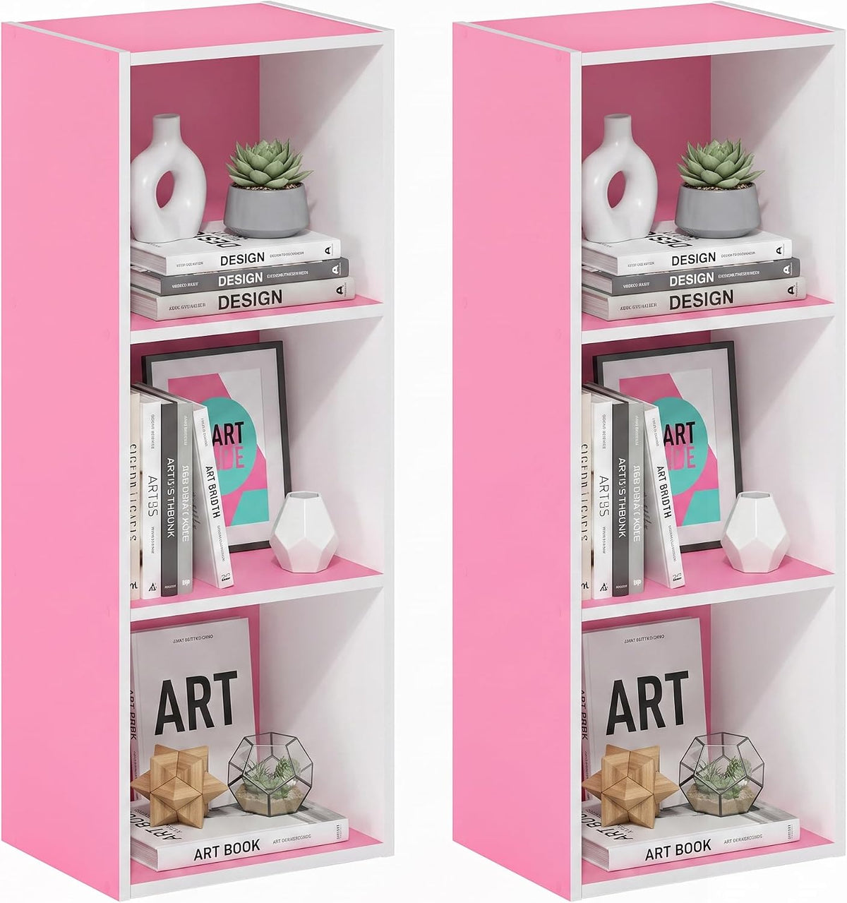 LUDER Set of 2 Book Shelf, 3-Cube, White/Pink