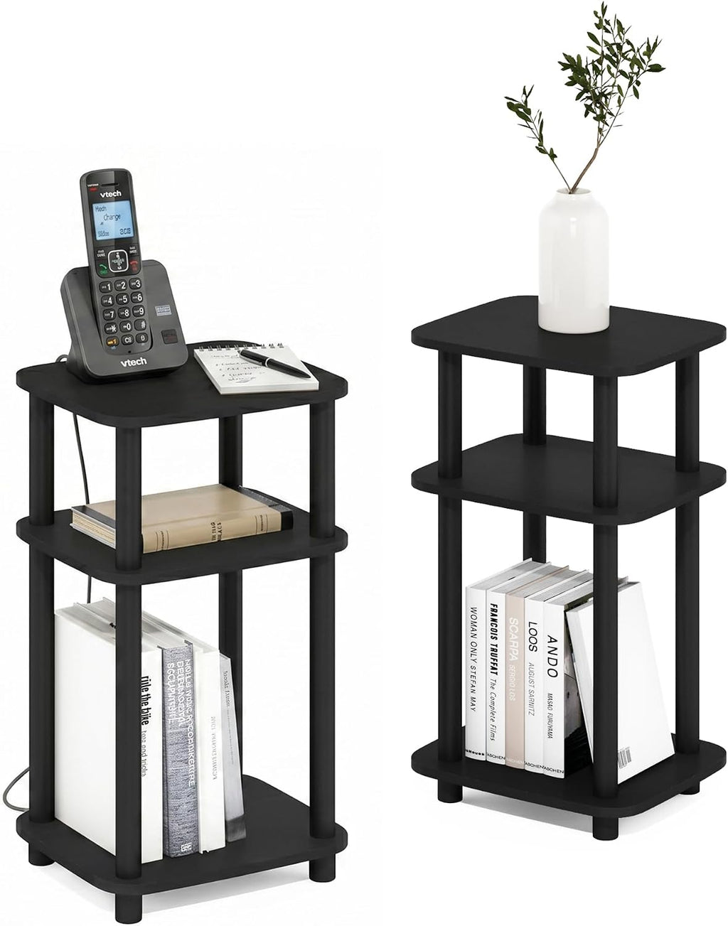 JUST 3-Tier Telephone Table Set of 2, Turn-N-Tube Toolless Side Table with Open Shelf, Round Curve Corner Night Stand, Bedside Table, for Living Room, Bedroom, Americano