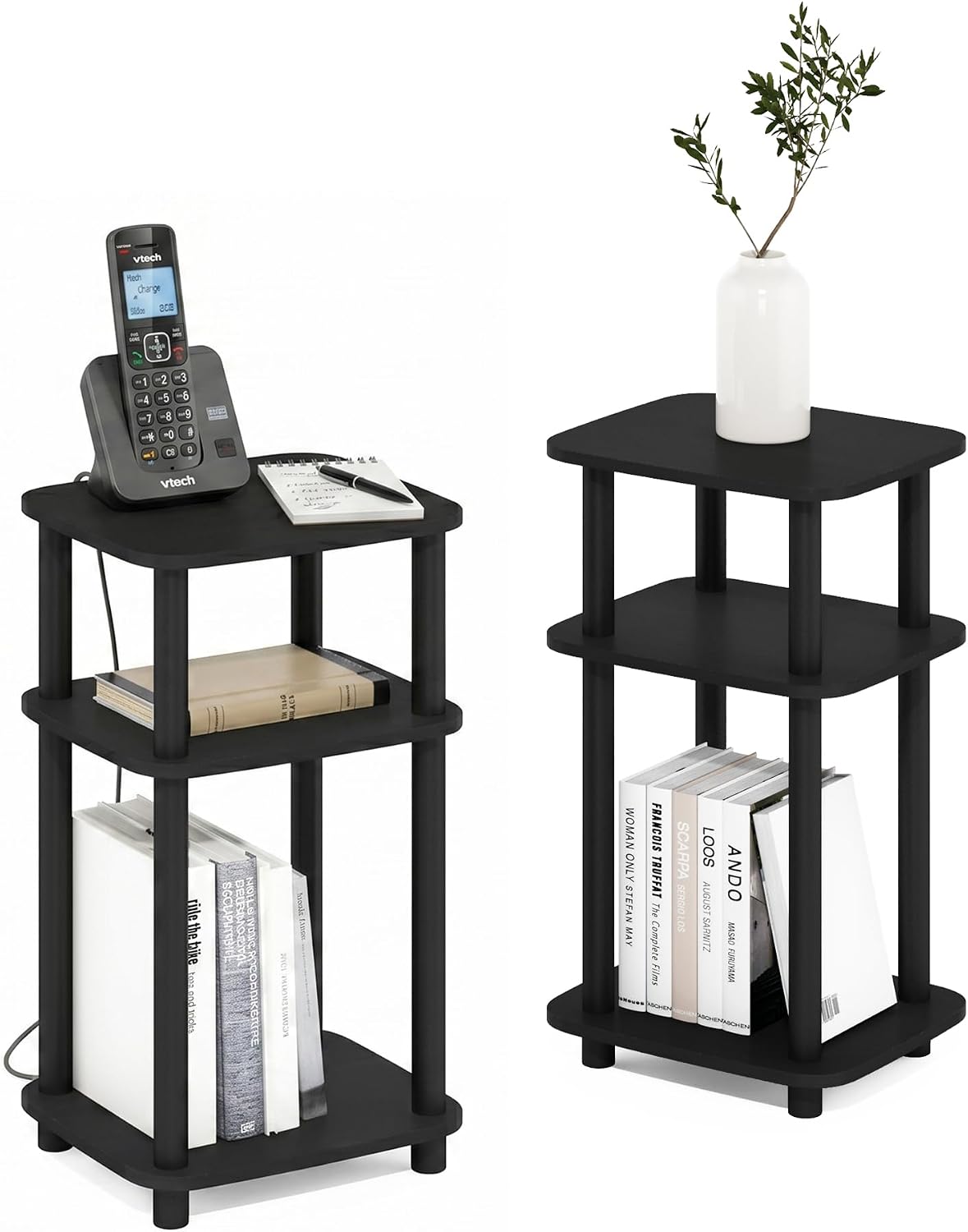JUST 3-Tier Telephone Table Set of 2, Turn-N-Tube Toolless Side Table with Open Shelf, Round Curve Corner Night Stand, Bedside Table, for Living Room, Bedroom, Americano