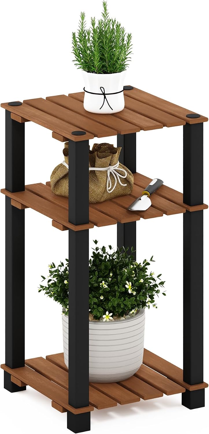 Pangkor 3-Tier Turn-N-Tube Indoor Outdoor Plant Shelf Wood Side Table with Square Poles, Natural/Black