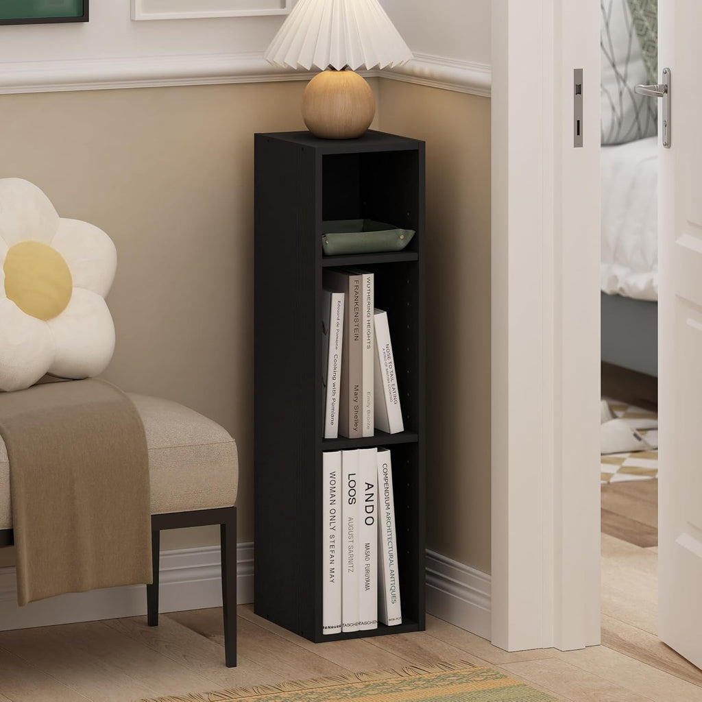 Fulda Book Shelf, 3-Tier Narrow Bookshelf, Bookcase with 8-in Width Storage Shelf, 9.3 x 7.9 x 31.5, for Living Room, Bedroom, Home Office, Blackwood