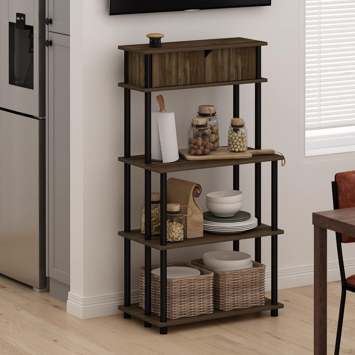 Turn-N-Tube Kitchen Storage Shelf with Top Cabinet for Kitchen, Dining Room and Home Office, Columbia Walnut/Black