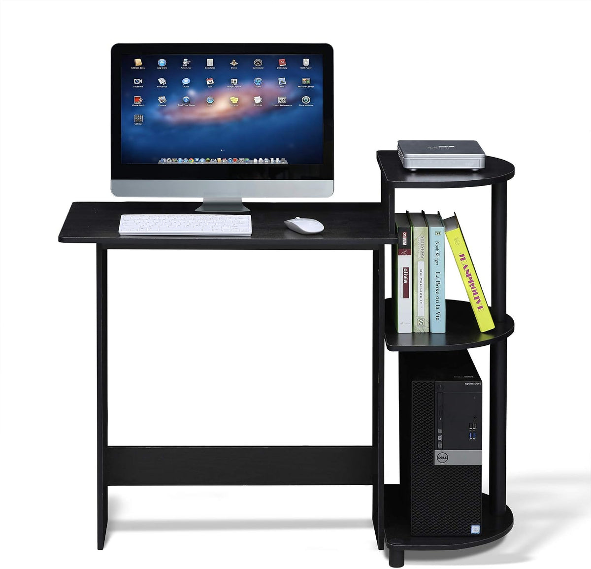 COMPACT Desk, 28.5" Wide Gaming Desk with Shelves, Computer Desk with Book Shelf, Office Desk for Home Office, Study Room, Dorm, Bedroom, Americano