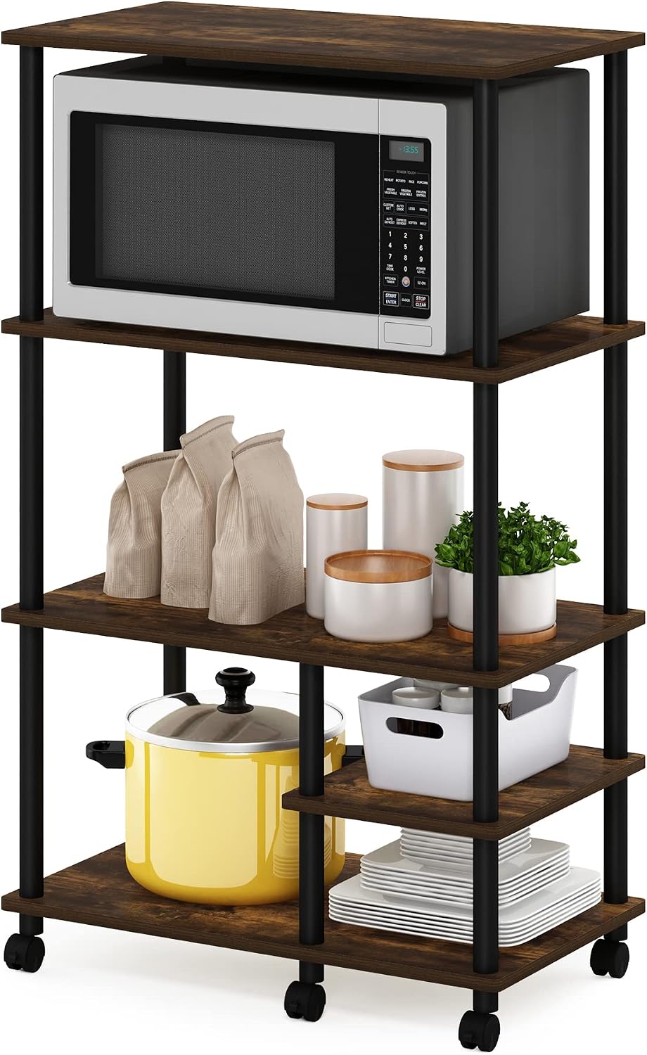 Turn-N-Tube 4-Tier Toolless Kitchen Storage Shelf Cart, Amber Pine/Black