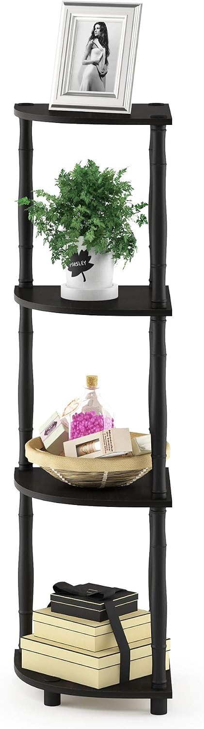 TURN-N-TUBE Toolless 4-Tier Corner Shelf, Bookshelf, Display Storage Shelves with Open Shelves, for Organization and Storage, Living Room, Home Office, Garage, Espresso