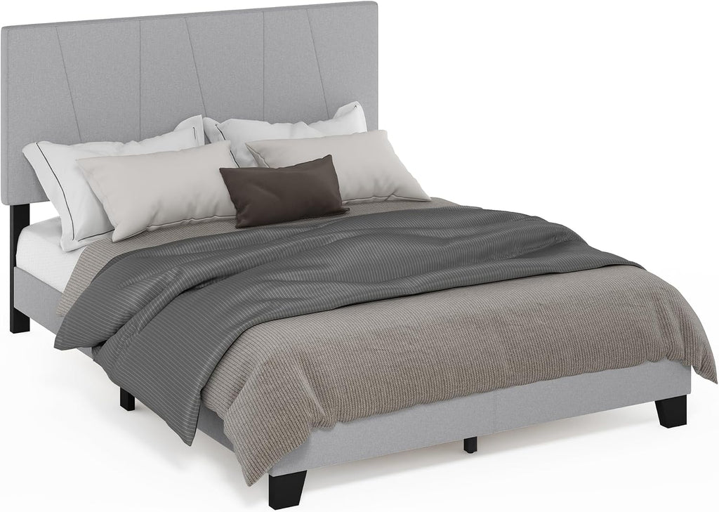 Lucy Bed Frame, Queen Size Bedframe with Geometric Design Upholstered Headboard, Bed with Adjustable Headboard, No Box Spring Needed, 12pcs Wooden Slat Support, for Bedroom, Dorm, Glacier