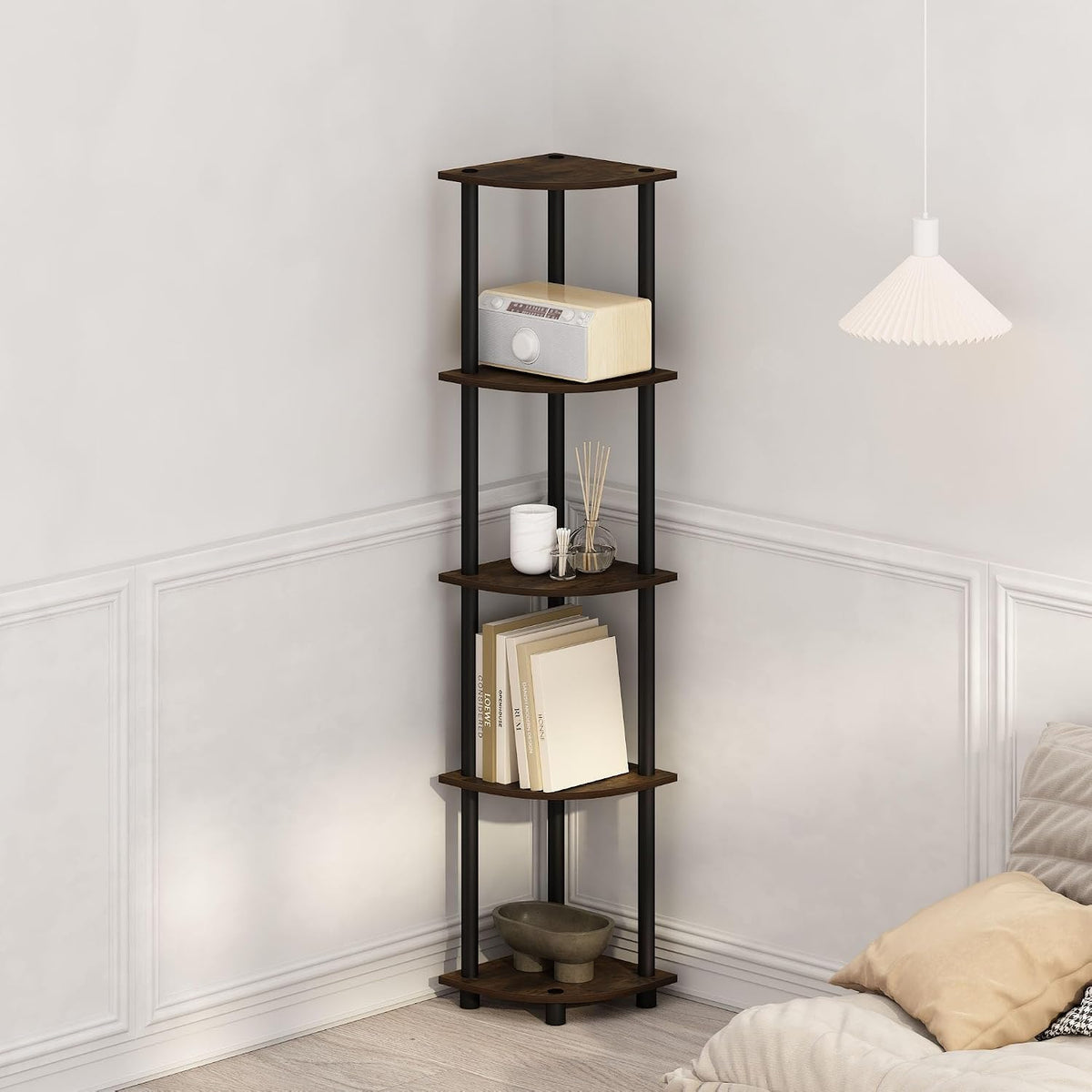 Turn-N-Tube Storage Shelves, 5-Tier Book Shelf, Corner Shelf with Open Shelves, Toollesss Assembly, for Organization and Storage, Living Room, Home Office, Hallway, Bedroom, Amber Oak