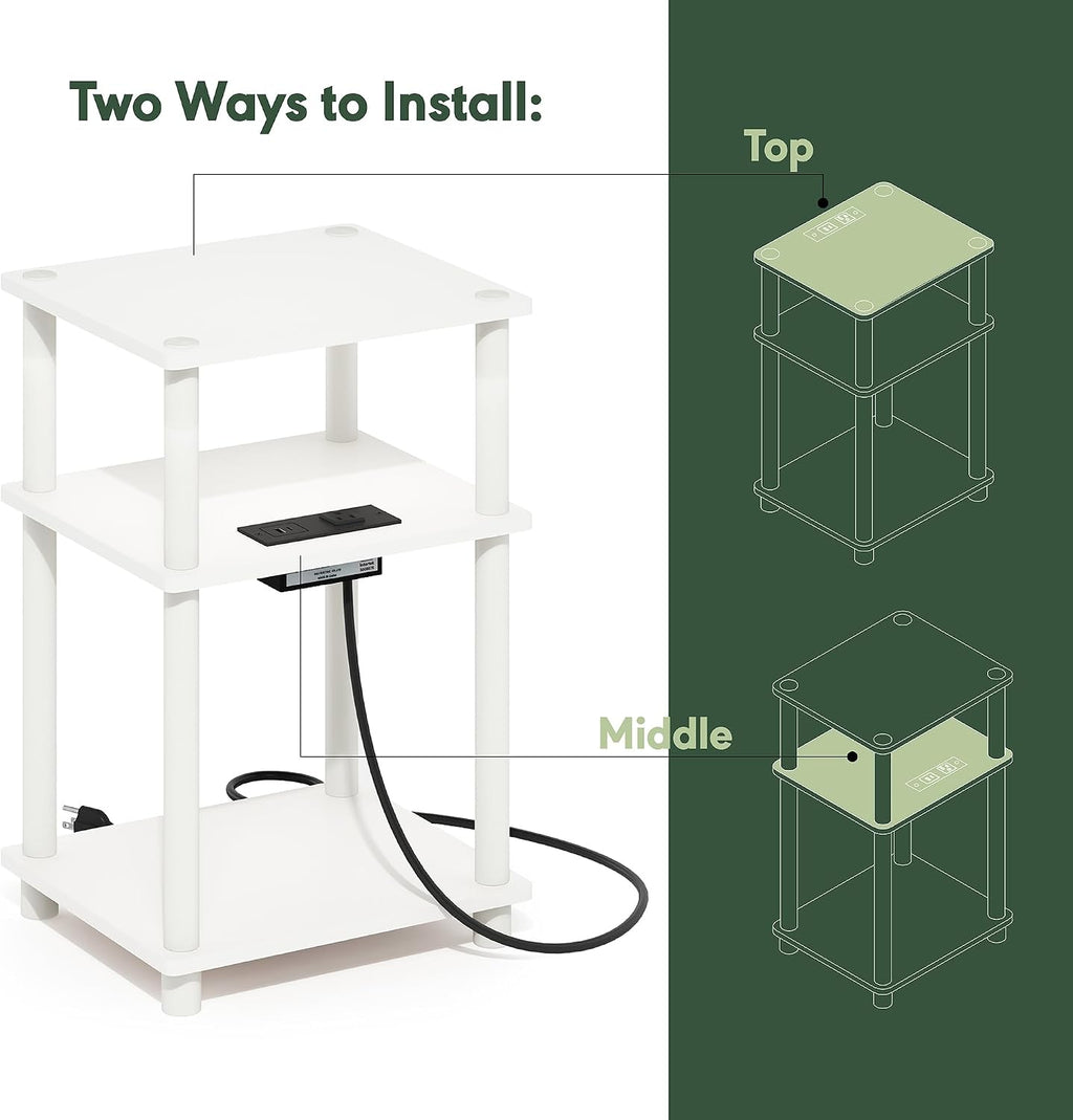 Just 3-Tier Charging Station Side Table, End Table, Plain White