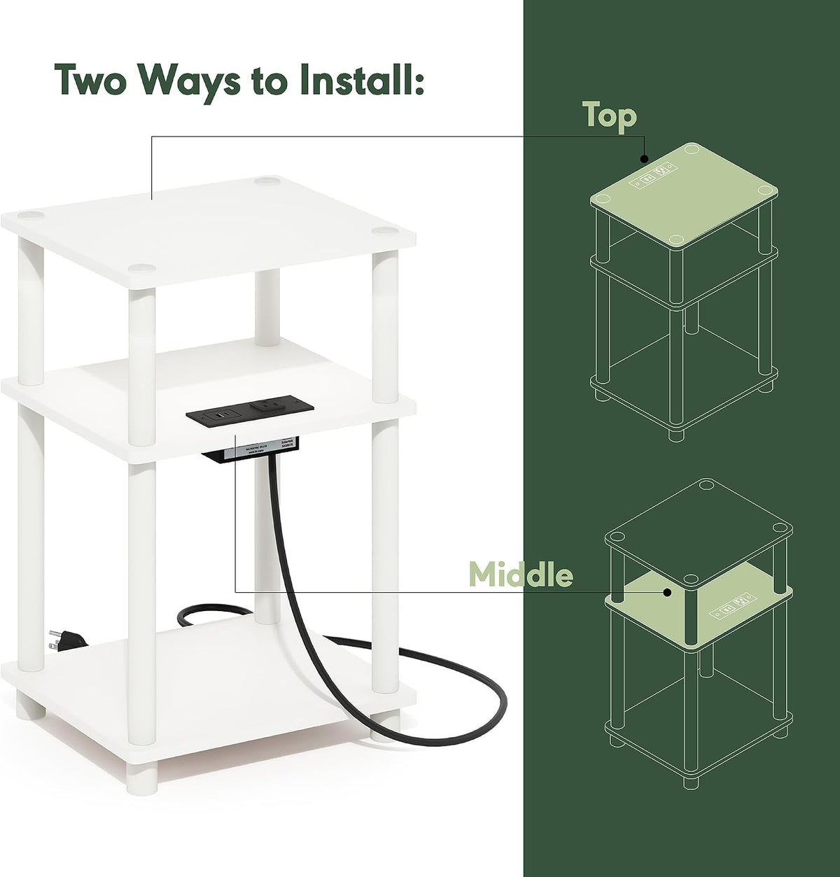 Just 3-Tier Charging Station Side Table, End Table, Plain White