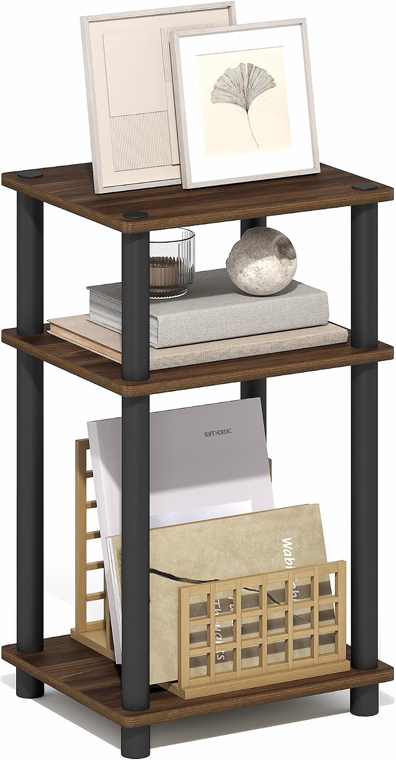 Turn-N-Tube 3-Tier Toolless Side Table, Compact, Brown Walnut