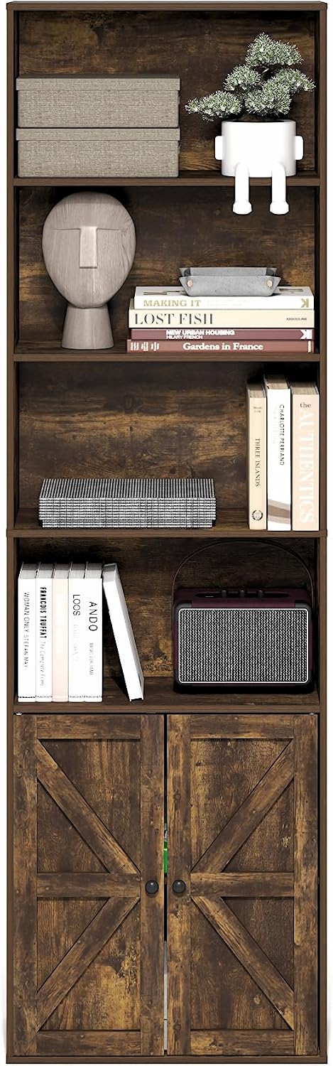 Jensen Farmhouse Style 6-Tier Book Shelf with Doors, Amber Pine
