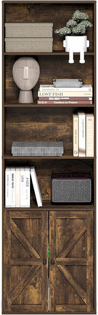 Jensen Farmhouse Style 6-Tier Book Shelf with Doors, Amber Pine