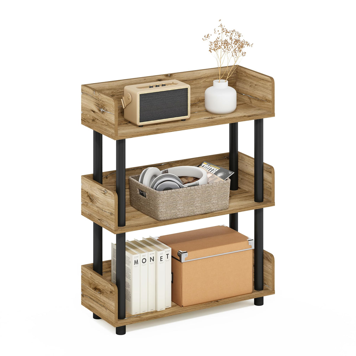 99152BE/WH/IV 3-Tier Go Green Multipurpose Storage Rack Shelving Unit Bookshelf Cabinet with 2 Bins, Beech Finish