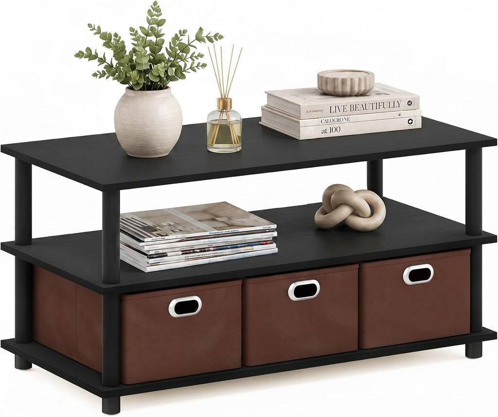 FRANS Toolless 3-Tier Coffee Table with Open Shelf, Black Oak