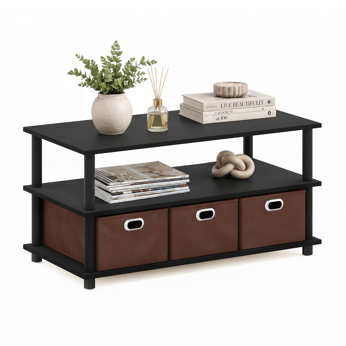 FRANS Toolless 3-Tier Coffee Table with Open Shelf, Black Oak