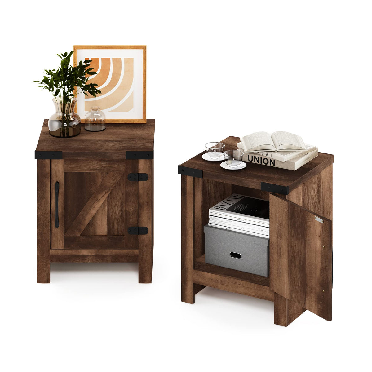 Andrey Set of 2 End Table / Side Table / Night Stand / Bedside Table with Bin Drawer, Dark Brown/Black