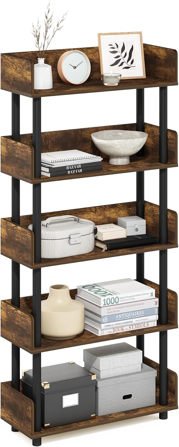 TURN-N-TUBE 5-Tier Display Shelf, Storage Shelves, Book Shelf, Open Shelves with Rounded Corner Top Edges, for Organization and Storage, Living Room, Home Office, Amber Pine