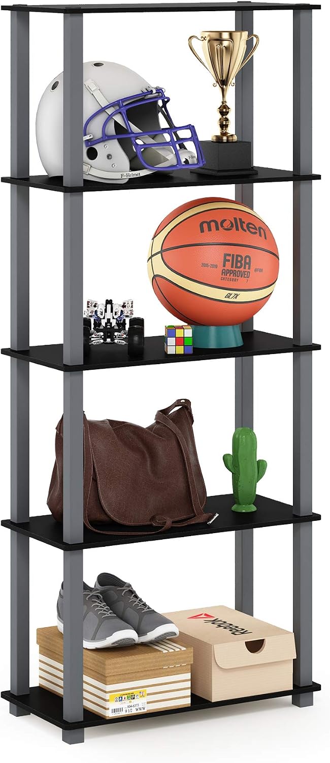 Turn-N-Tube 5-Tier Multipurpose Shelf / Display Rack / Storage Shelf / Bookshelf, Square Tubes, Black/Grey