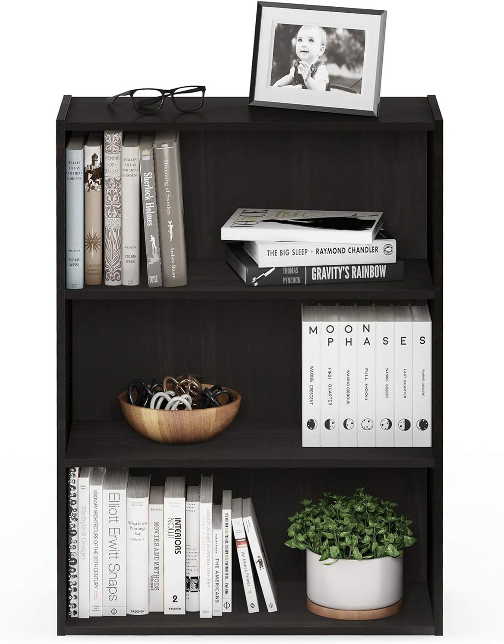 PASIR Book Shelf, 3-Tier Bookshelf, Storage Shelves Bookcase, 9.7 x 23.7 x 31.5, for Living Room, Bedroom, Home Office, Espresso