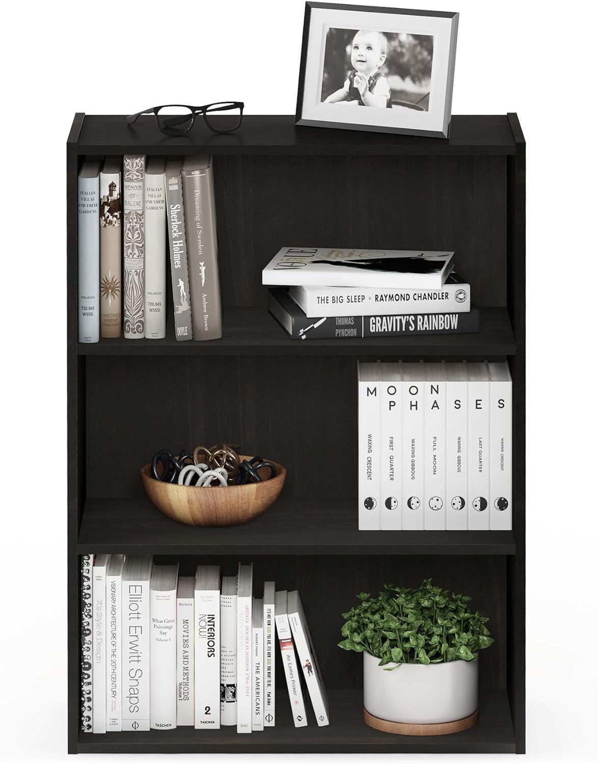 PASIR Book Shelf, 3-Tier Bookshelf, Storage Shelves Bookcase, 9.7 x 23.7 x 31.5, for Living Room, Bedroom, Home Office, Espresso